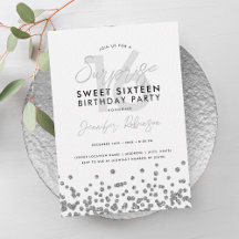 Elegant Silver Glitter Konfetti Surprise Sweet 16