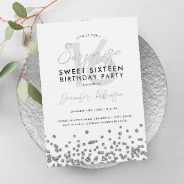 Elegant Silver Glitter Konfetti Surprise Sweet 16 Inbjudningar