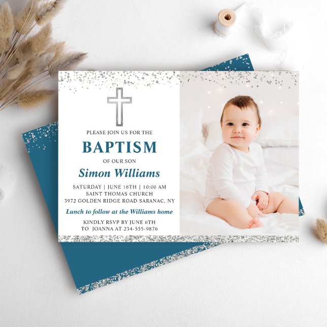 Elegant Silver Glitter Kor Boy Baptism Photo Inbjudningar (Skapare uppladdad)