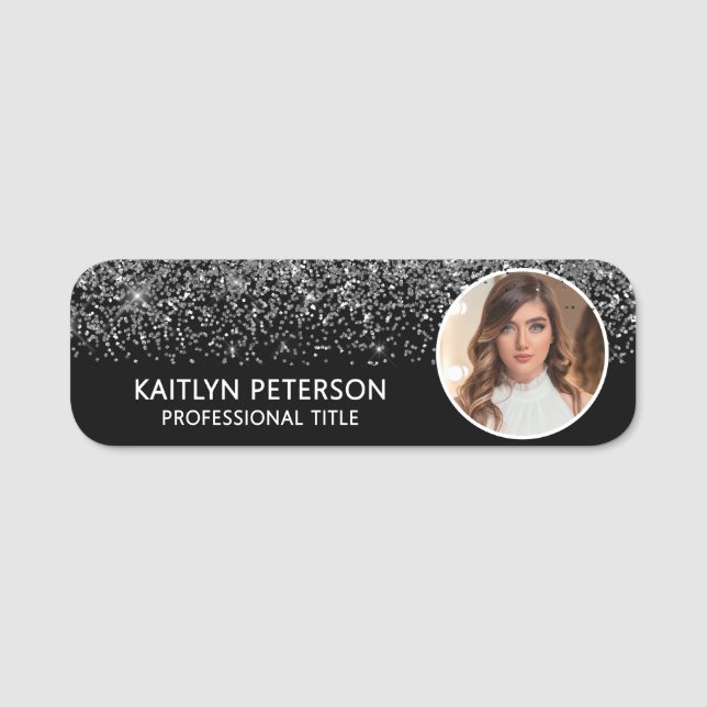 Elegant Silver Glitter Magnetic Employee Photo Namnbricka (Framsida)