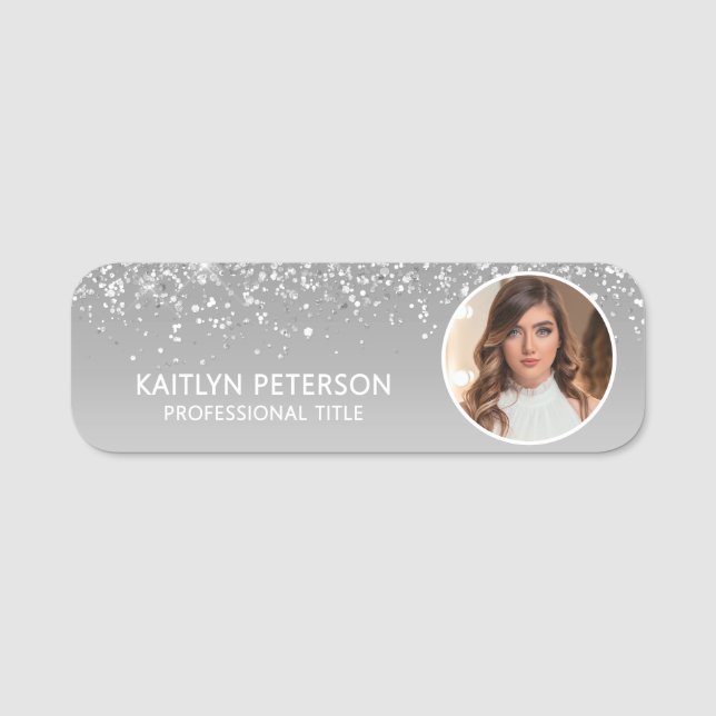 Elegant Silver Glitter Magnetiskt ID-kort för anst Namnbricka (Framsida)