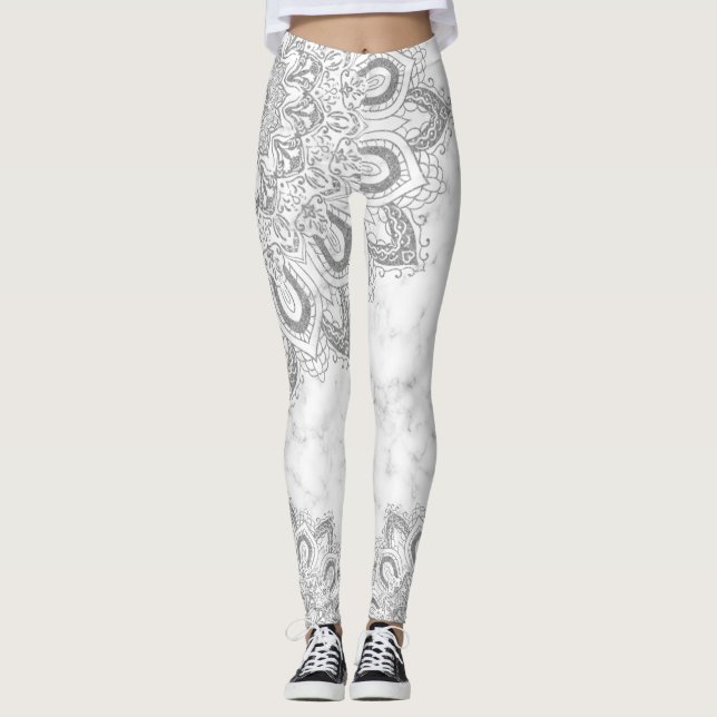 Elegant Silver Glitter Mandala Marble Leggings (Framsida)