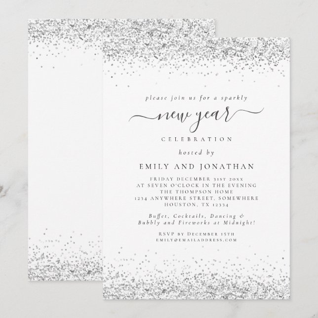 Elegant Silver Glitter Nyårsafton Party Inbjudningar (Fram/baksida)