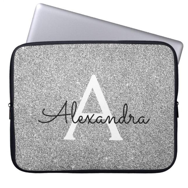 Elegant Silver Glitter och Gnistra Monogram Laptop Sleeve (Framsidan)