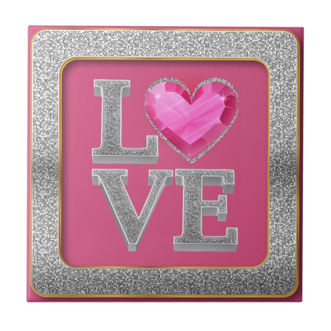 Elegant Silver Glitter och Rosa Heart Jewel Kakelplatta (Framsidan)