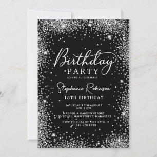 Elegant Silver Glitter och svart 13:e födelsedagen Inbjudningar