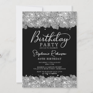 Elegant Silver Glitter och Svarta 30års födelsedag Inbjudningar