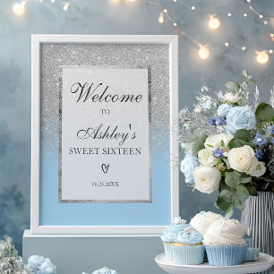 Elegant Silver glitter ombre Blå Sweet 16 Välkomme Poster