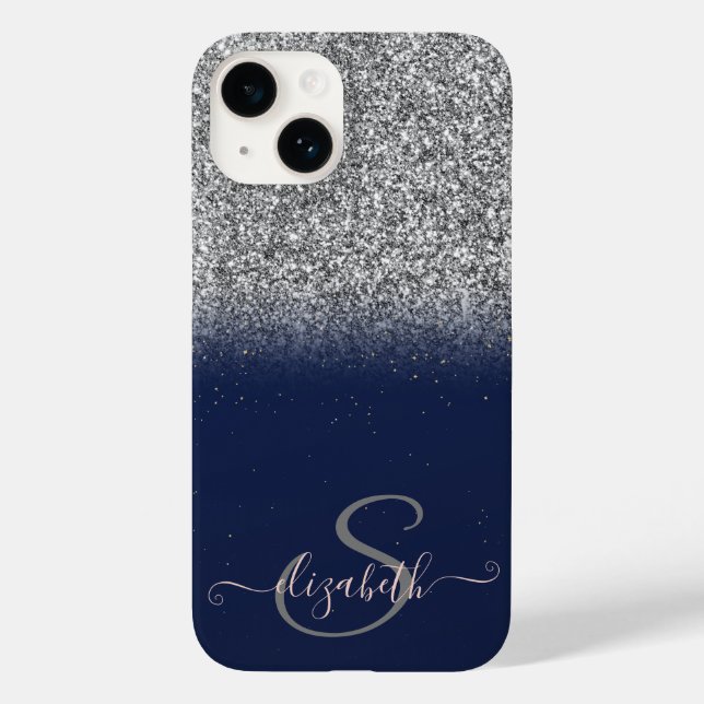 Elegant Silver Glitter Ombre, Marinblå Monogram (Baksida)