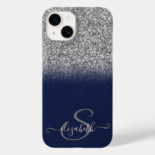 Elegant Silver Glitter Ombre,Navy Blue Monogram