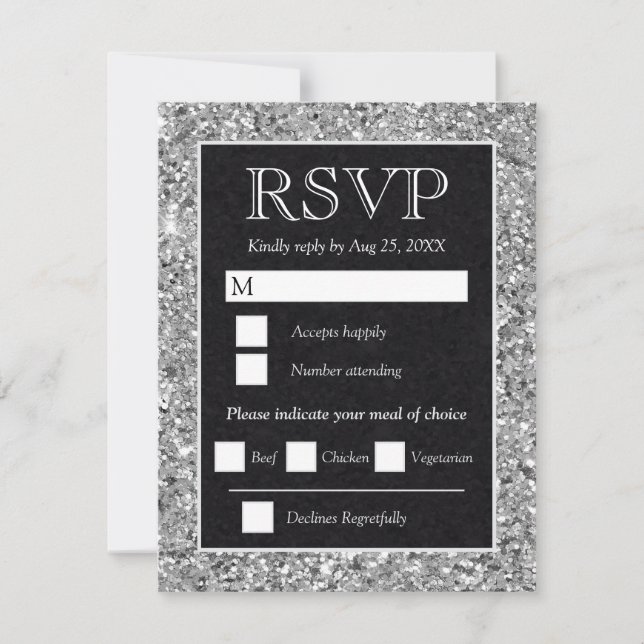 Elegant Silver Glitter Svart Bröllop OSA Kort (Framsida)