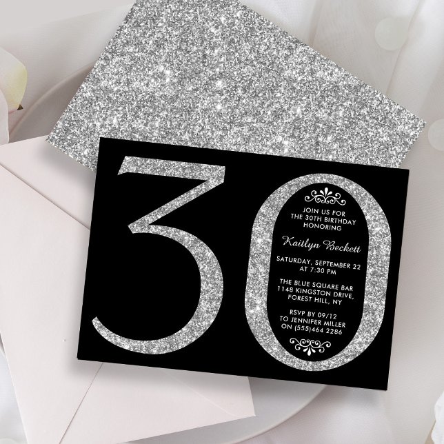 Elegant Silver Glitter Typografi 30års födelsedag Inbjudningar (Skapare uppladdad)