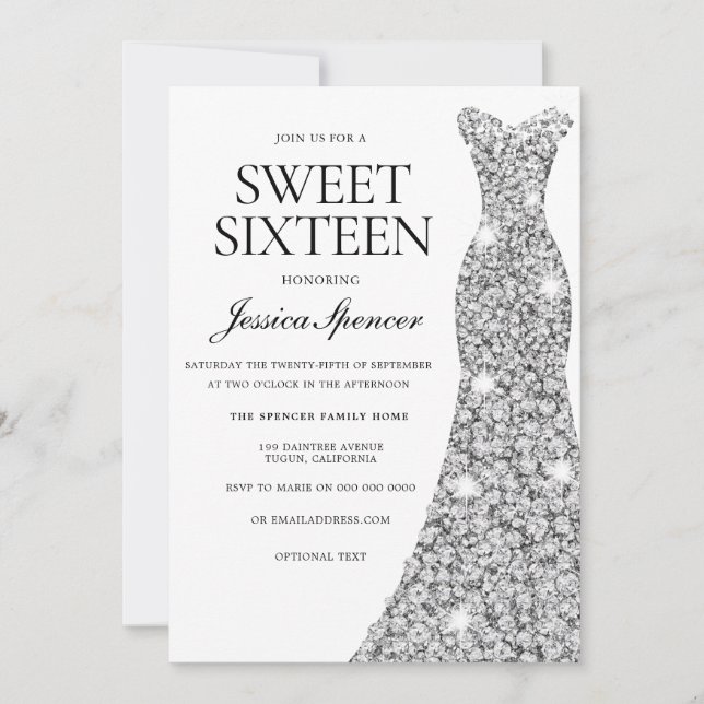 Elegant Silver Gnistra Dress Sweet 16 Inbjudan (Framsida)
