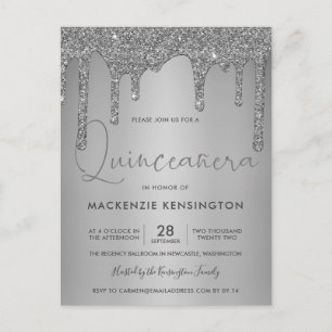 Elegant Silver Gnistra Glitter Drips Quinceañera Q Vykort