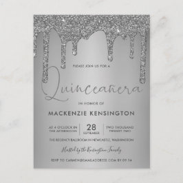 Elegant Silver Gnistra Glitter Drips Quinceañera Q Vykort