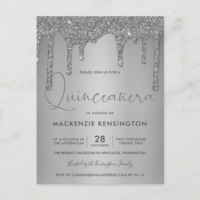 Elegant Silver Gnistra Glitter Drips Quinceañera Q Vykort (Framsida)