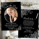 Elegant Silver Grått & Black Bröllop Photo Finare Spara Datumet<br><div class="desc">De här vackra korten är ett underbart sätt att låta dina vänner och familj veta att spara datumet för ditt kommande bröllop. De har en svart elegant med ditt foto i en ovalformad ram omgiven av ornate silver grått-frieller och finare-skriptbrev med namn, bröllop datum och plats. På baksidan finns en...</div>
