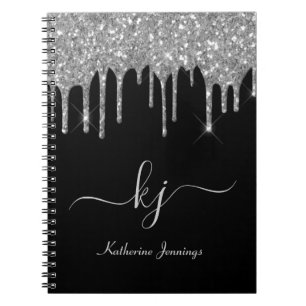 Elegant Silver Grått Glitter Driver monogram-skrip Anteckningsbok