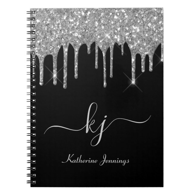 Elegant Silver Grått Glitter Driver monogram-skrip Anteckningsbok (Framsidan)