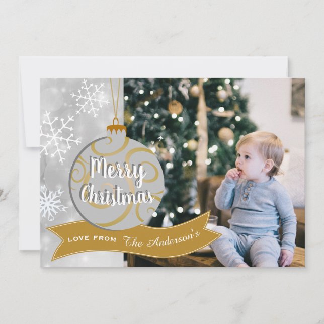 Elegant Silver Grått Guld Bauble Photo Jul Julkort (Framsida)
