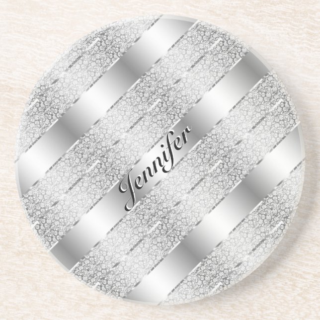 Elegant Silver Grått Metallic Rand Monogram Underlägg (Framsidan)