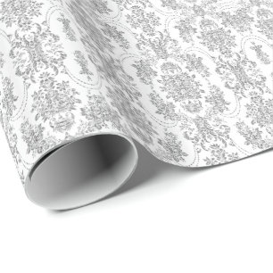 Elegant Silver Grått och vitt ornat Blommönster Presentpapper