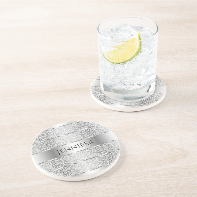 Elegant Silver Grått Rand Monogram Underlägg (Sidan)