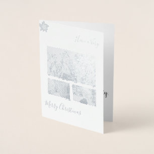Elegant Silver Greenery Red Flower Julfoto Folierat Kort