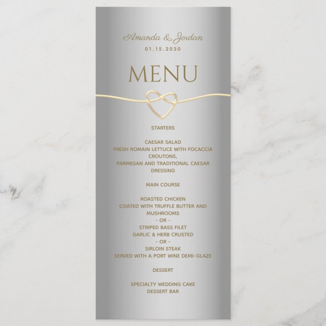 Elegant Silver Guld Calligraphy Bröllop Menu Meny (Framsida)