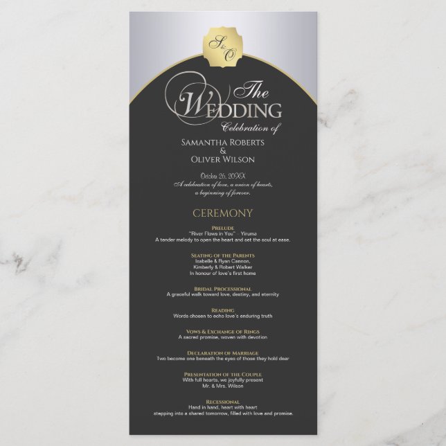 Elegant Silver Guld Monogram Bröllopsprogram Program (Framsida)