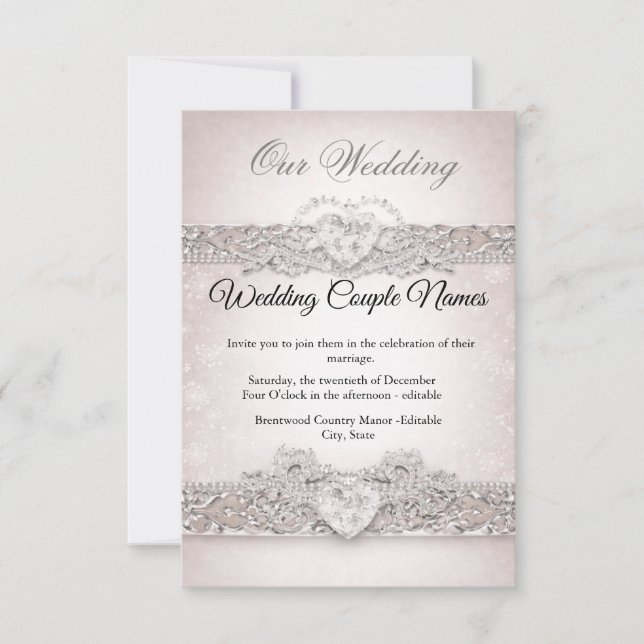 Elegant Silver Heart Wedding Invitations Inbjudningar (Framsida)