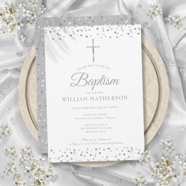Elegant Silver Hearts Baptism Christening Inbjudningar (Elegant Silver Hearts Baptism Christening Invitation)