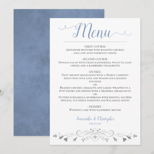 Elegant Silver Hearts Filigree Dusty Blue Bröllop Meny (Fram/baksida)