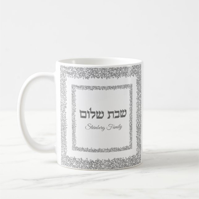 Elegant Silver Hebrew Shabbat Shalom Glitter Kaffemugg (Vänster)