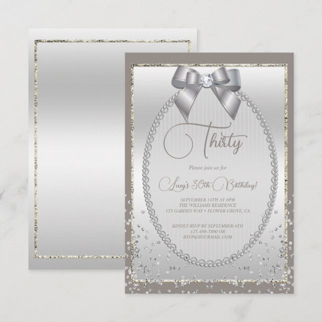 Elegant Silver Jude Bow & Confetti Birthday Inbjudningar (Fram/baksida)