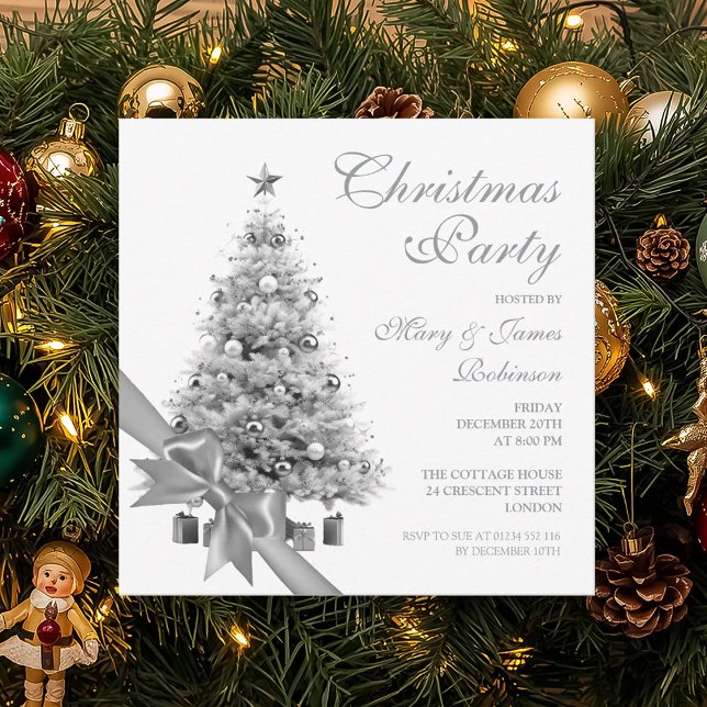 Elegant Silver Julgran & Bow Julfest Inbjudningar (Elegant Silver Christmas Tree & Bow Holiday Party Invitation)