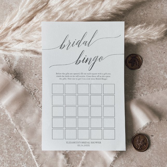 Elegant silver kalligrafi bröllop bingo spel flygblad (Elegant Silver Calligraphy Bridal Bingo Game Flyer)
