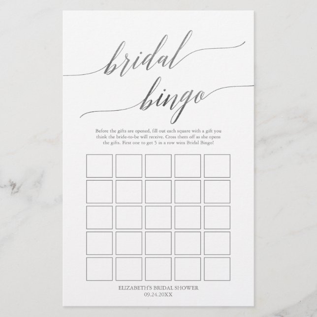 Elegant silver kalligrafi bröllop bingo spel flygblad (Framsidan)
