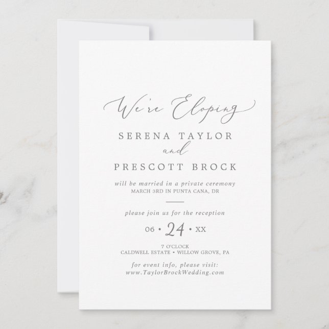 Elegant silver kalligrafi Elopement-mottagning Inbjudningar (Framsida)
