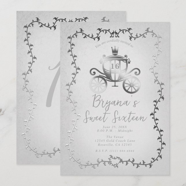 Elegant Silver Kärra Vit Sagobok Sweet 16 Inbjudningar (Fram/baksida)