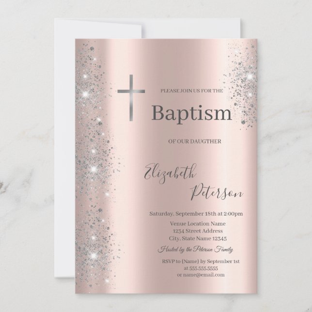 Elegant Silver Kor-baptism Ro Guld Glitter Inbjudningar (Framsida)