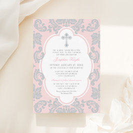 Elegant Silver Kor Rosa Damask Flicka Baptism vid Inbjudningar