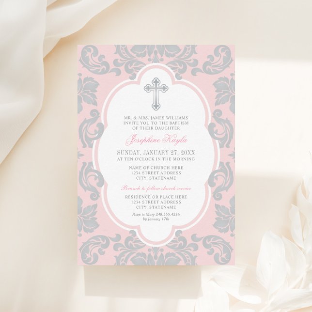 Elegant Silver Kor Rosa Damask Flicka Baptism vid  Inbjudningar (Skapare uppladdad)