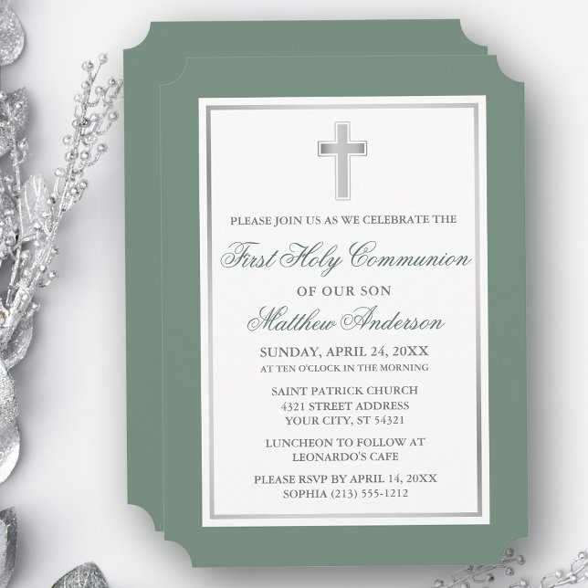 Elegant Silver Kor Sage Grönt First Communision Inbjudningar (Customize to change text size, style, color or to add more text or photos to back of card.)