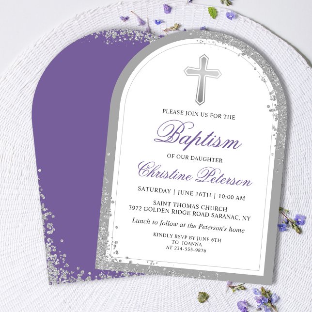 Elegant Silver Lavender Lila Baptism Arch Inbjudningar (Skapare uppladdad)