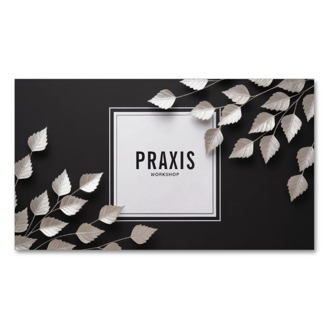 Elegant Silver Leaf Branch Minimalist Black Magnetiska Visitkort (Framsida)