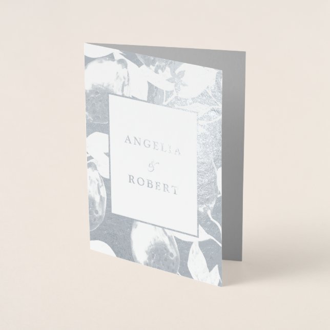 Elegant Silver Lemons & Foliage Bröllop Real Folierat Kort (Framsida)