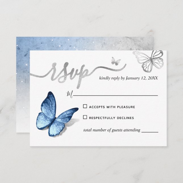 Elegant Silver Light Baby Blue Butterfly Wedding OSA Kort (Fram/baksida)