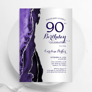 Elegant Silver Lila Agate 90:e Birthday Inbjudningar