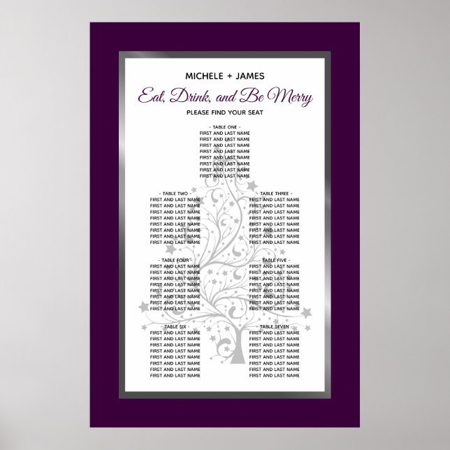 Elegant silver lila bröllops sittplatskarta poster (Framsidan)